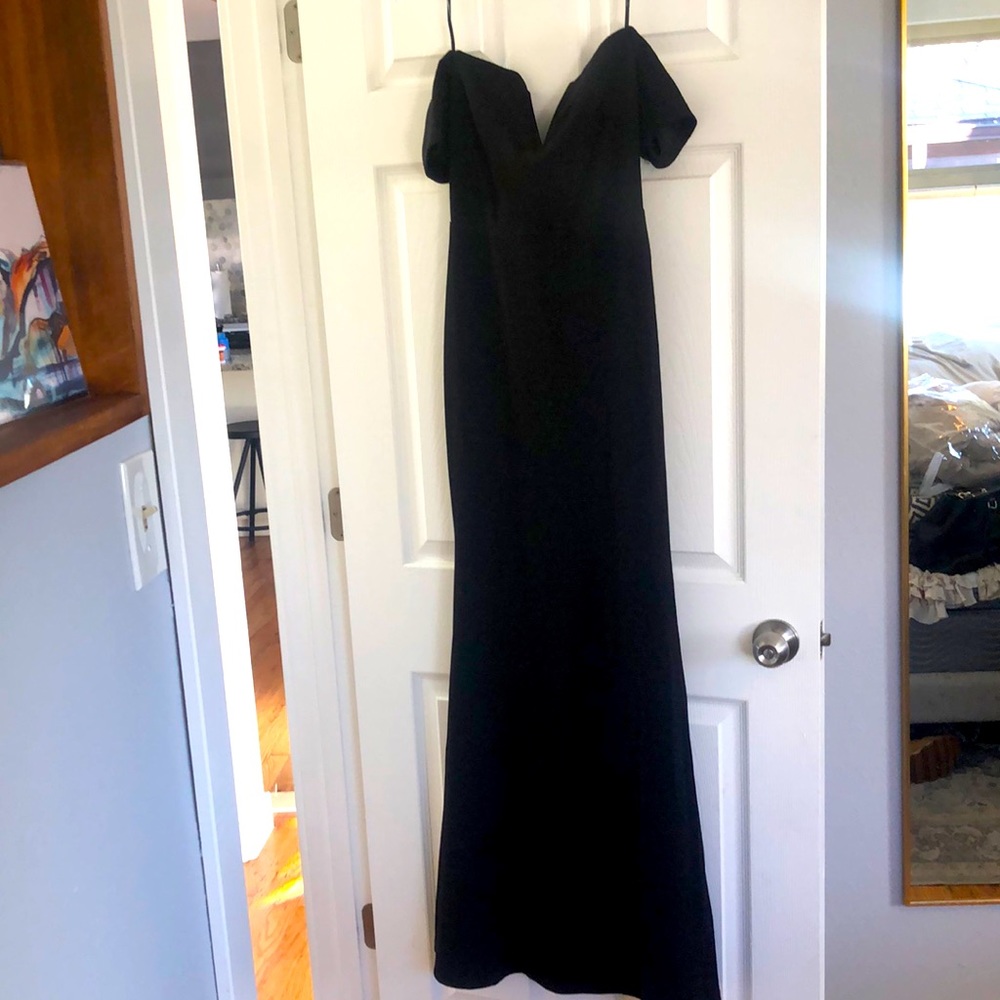 Off the shoulder, body-con, floor length, black dress